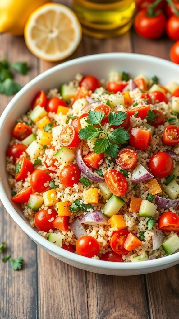 A vibrant Mediterranean quinoa salad with tomatoes, cucumbers, bell peppers, and chia seeds in a bowl.